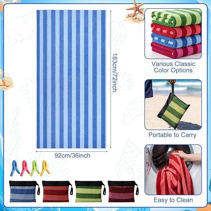 Gilprop 4 Packs Oversized Stripe Beach Towels XL L Microfiber Clearance Pool Towels with Bags Clips Soft Absorbent Quick Dry Camping Swim Towel for Adult Women Men Travel Family (72×36 in,Multicolor)