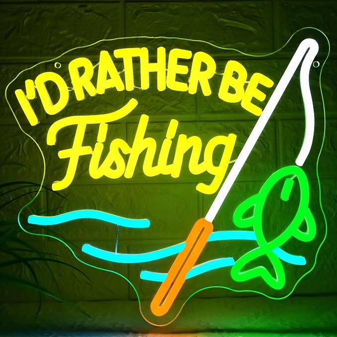 I'd Rather Be Fishing Neon Sign for Wall Decor Fishing Neon Light Man Cave | Dimmable Neon,Fisherman Birthday Fishing Gifts,Led 5V USB Powered,Fishbowl,Fish Room Decor,Business Shop Wall Art,13.3*12.2in