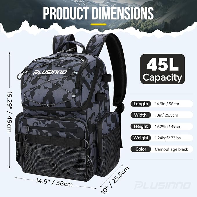 PLUSINNO Cooler Fishing Backpack with Rod Holders 45L Large Water-resistant Fishing Tackle bag Store Fishing Gear Fishing Gifts for Men Father