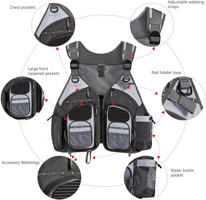 BASSDASH Strap Fishing Vest Adjustable for Men and Women, for Fly Bass Fishing and Outdoor Activities