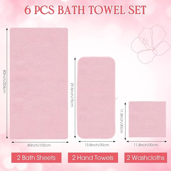 Peryiter Oversized Bath Towels Set of 6 for Adults 40x80 Inches Extra Large Bath Towel Sets Bathroom Sheets Jumbo Shower Towels Quick Dry Absorbent Soft Microfiber for Adults(Pink)