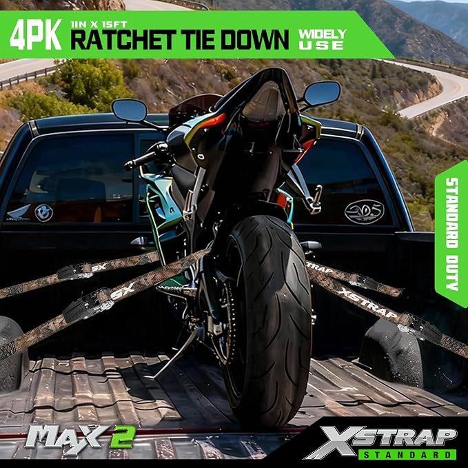 XSTRAP STANDARD 4-Pack Ratchet tie-Down Straps (1" x 15 ft) Feature Integrated Soft Loops, Padded Handles, Coated S-Hooks with Safety Clips, 1890 lbs Break Strength for Motorcycles, Trucks(Camouflage)