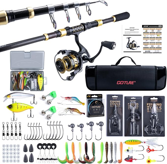 Goture Telescopic Fishing Rod and Reel Combo with Carrier Bag,1.8M-2.7M | Carbon Fiber Pole,5.2:1 Spinning Reel,Line,Pliers,Fish Gripper,Scissors,Lures Set, for Starter Travel Saltwater Freshwater