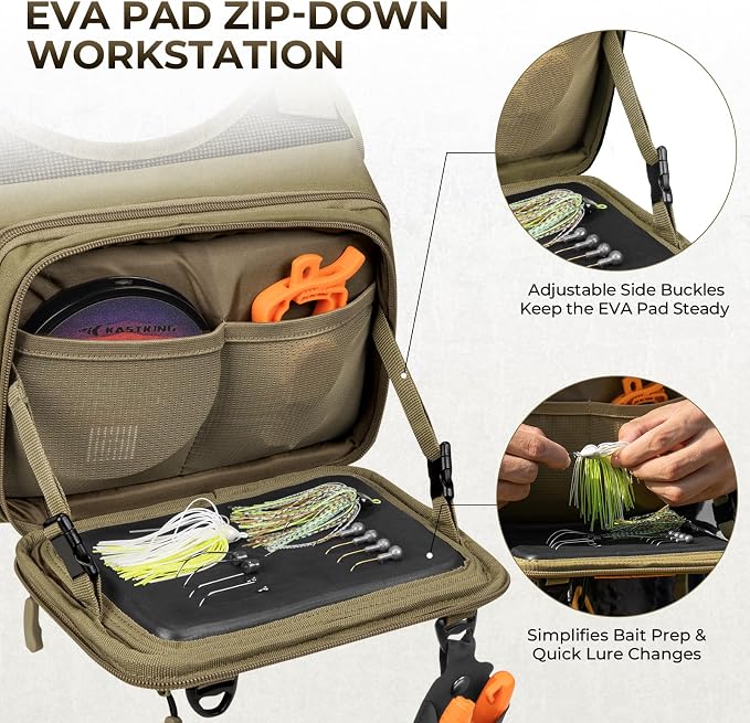 KastKing Bait Boss Water-Resistant Fishing Chest Pack With EVA Zip-Down Workstation, MOLLE Storage, Adjustable Chest Straps