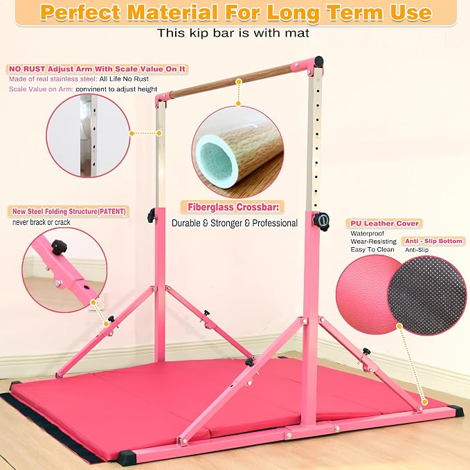 MARFULA 4FT/5FT Gymnastic Bar Set Gymnastics Kip Bar with 5 Ft Length 4Ft Inner Width 5ft Adjust Height Gymnastics Training Bar Equipment for Kids Professional Training Home and Club Use