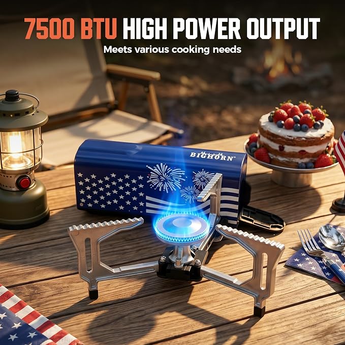 BIG HORN OUTDOORS Butane Camping Stove, Portable Folding Gas Burner with Carry Bag for Camping, Emergency Use, Outdoor Cooking & 4th of July Parties