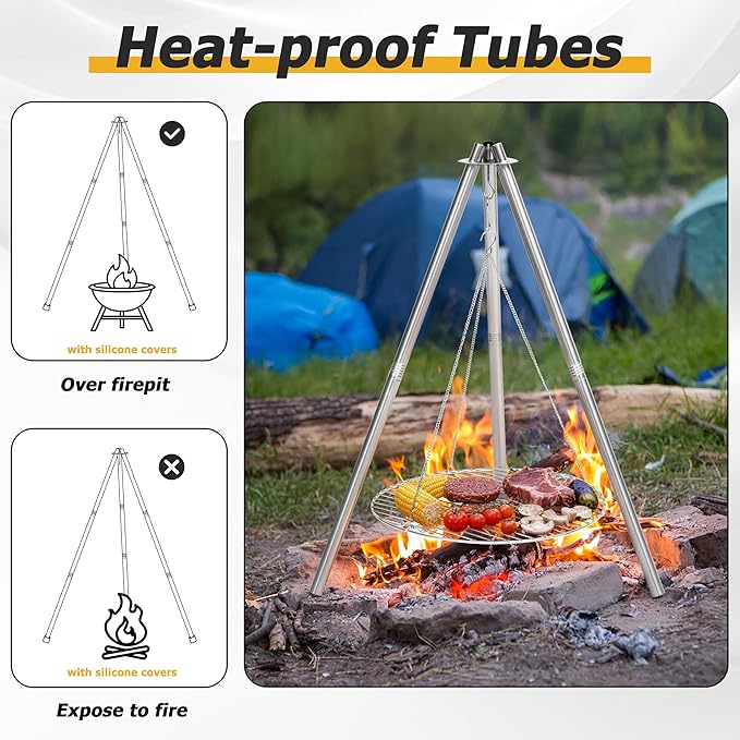 Stainless Steel Campfire Tripod for Cooking, HaSteeL Camping Tripod Grill with 17” Folding Grate, Heavy Duty Openfire Stand Hanger for Outdoors Beach Firepit BBQ, Detachable Handle, Adjustable Height