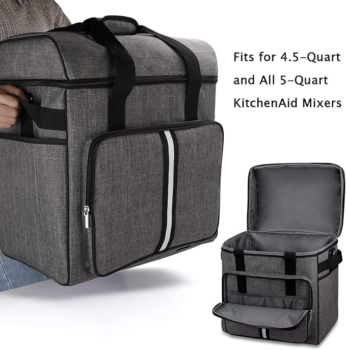 BAGLHER Heavy Duty Kitchen Mixer Cover for 4.5-5 Quart Stand Mixers, 2-in-1 Shoulder & Hand Carrying Case with Accessory Pockets (14”x9”x15”, Grey)
