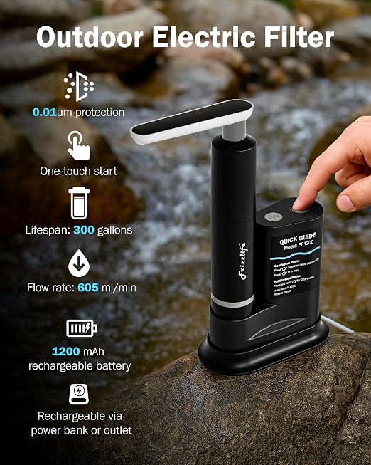 Frizzlife Electric Water Filter Camping, 0.01μm Ultrafiltration 7-Stage Portable Water Filter, Rechargeable Water Purifier for Camping, Survival, Backpacking,Hiking, 6pcs Pre-Filters+2pcs UF Filters