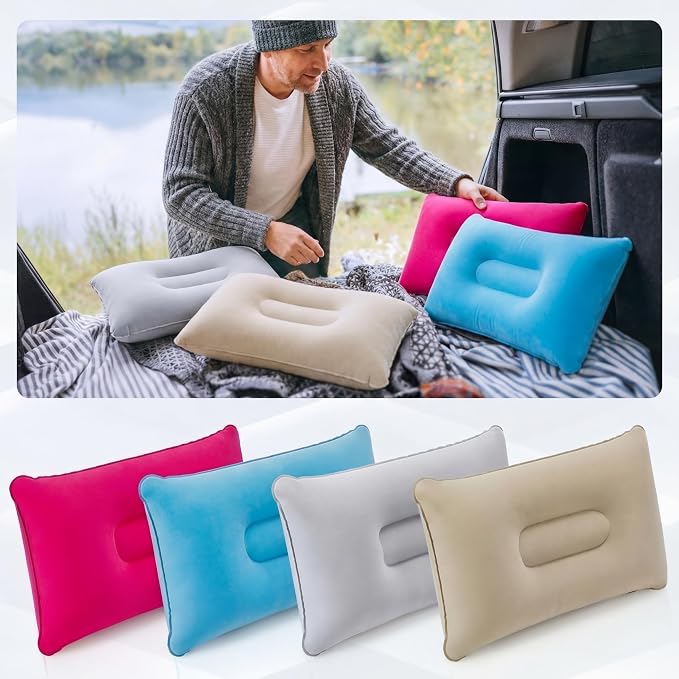Geelin 20 Pack Inflatable Pillows for Camping Travel Beach Vacation Sand Squared Flocked Soft Fabric Backpacking Ultralight Pillows for Office Sleeping Neck Head Lumbar Support (4 Colors)