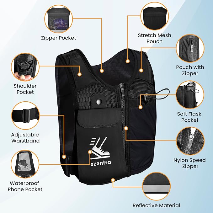 Running Vest Zip, Reflective Running Vests with 6 Pockets, 500ml Hydration Bottle, Adjustable Chest & Waistband, Breathable Material, Chest Pack Gear, Phone Holder, Men & Women