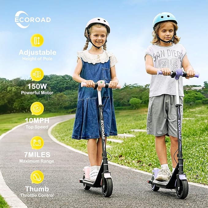 ECOROAD EK6 Kids Electric Scooter for 6-12, 3/6/10mph Speeds for Ultimate Comfort & Adjustable Height, 150W & Dual Brake Safety Electric Scooter, for Outdoor Play, Park Rides (Rider:3.9-5.2 FT)