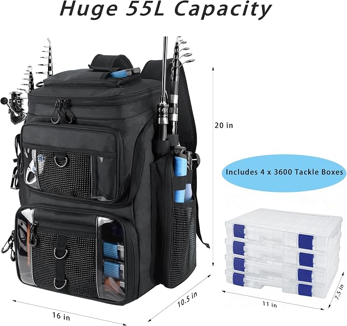 Fishing Backpack with 4 Tackle Boxes, 55L Large Tackle Box Backpack with 4 Rod Holders, Waterproof 900D Tackle Backpacks with Cooler & Clear Gear Windows, Fishing Gifts for Men Women, Black