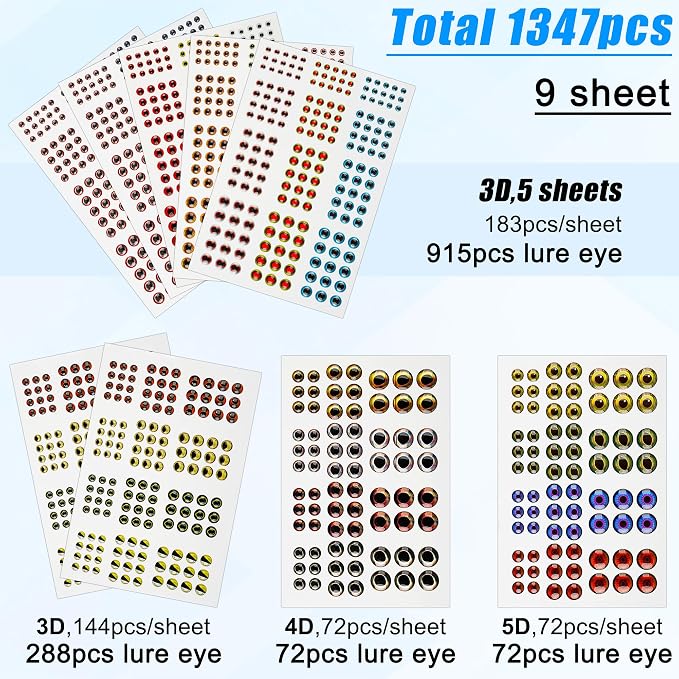 1347pcs Fishing Eyes 3D/4D/5D Realistic Fish Lure Eye for Lures Making Fishig Bait Fly Tying Streamers Lures Crafts 3 mm/ 4 mm/ 5 mm/ 6 mm/ 8 mm/ 10 mm
