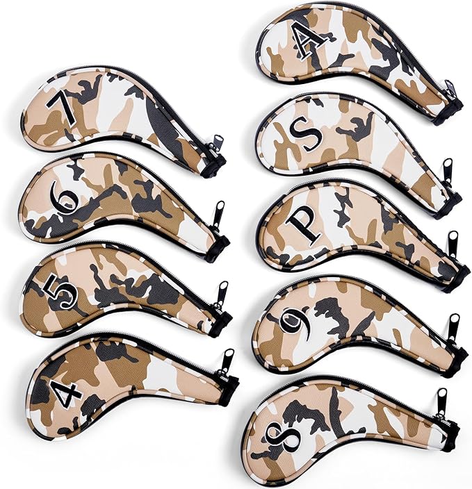 Golf Club Camo Zipper Iron Head Covers 9Pcs/Set With No. on Both Sides PU Leather Headcovers (Blue/Brown)