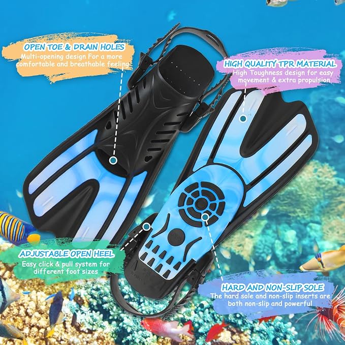 Snorkeling Gear for Kids, 4 in 1 Child Mask Fins Snorkel Set with Panoramic View Anti Fog Mask, Dry Top Snorkel, Trek Fins and Travel Bag, Kids Snorkeling Set with Fins for Snorkeling Swimming