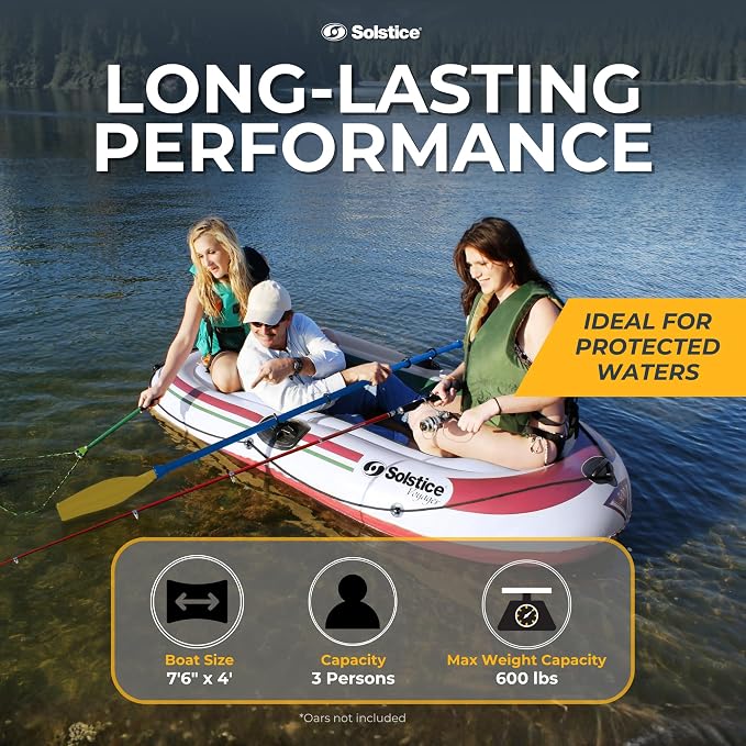 SOLSTICE Inflatable Boat for Lakes, Rivers & Beaches – Heavy-Duty Raft with Swivel Oar Locks, Grab Line & Inflatable Seat – Voyager, 3-Person, White, 7'