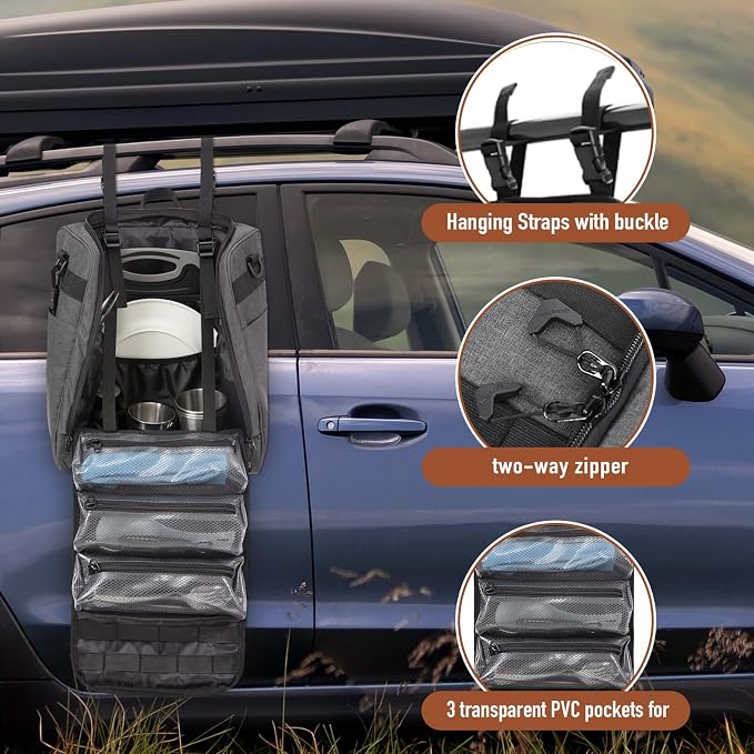 KingCamp Oversized Camping Kitchen Organizer, Ultralight Hanging Cooking Utensils Bag Portable Storage Backpack with Paper Towel Holder & 3 Pockets for Outdoor BBQ Cooking (Bag Only)