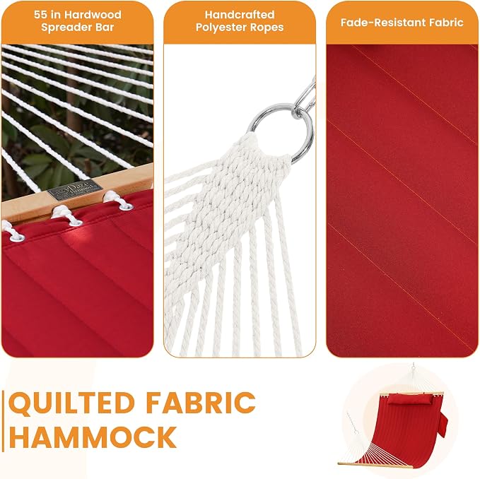 Lazy Daze Hammocks 10.5FT 2 Person Double Quilted Fabric Hammock with Spreader Bar, Detachable Pillow, Side Pocket, Carabiners, Chains, Straps for Outdoor, 450lbs Capacity, Burgundy
