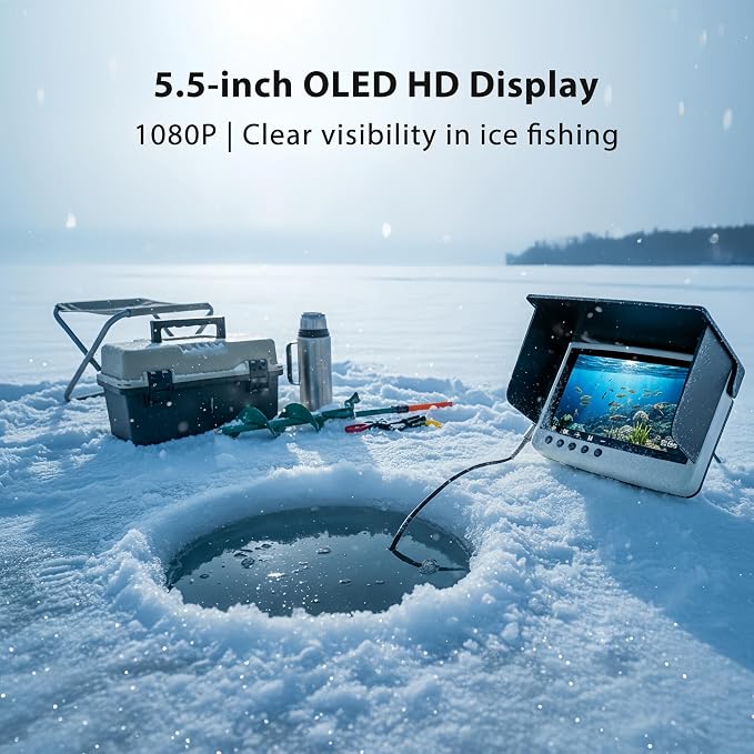 Underwater Camera & Fish Finder: 5.5 Inch OLED 1080P Waterproof Ice Fishing Camera with Monitor｜Portable Fish Finders for Ice/Lake Fishing｜Depth Finder for Boat/Kayak & Murky Under Water
