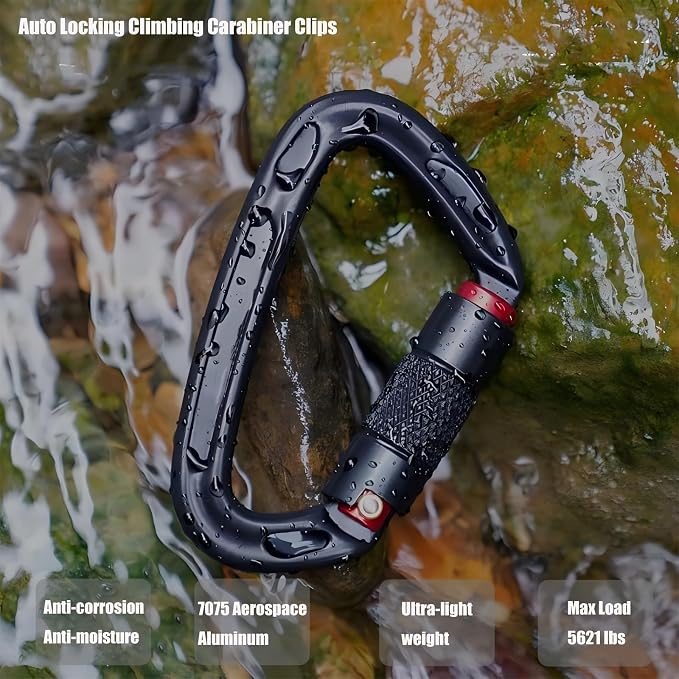UIAA Certified 25KN Carabiner Heavy Duty, Auto Locking Carabiners Clips, 6PCS Black Carabiner for Swing, pet Traction,3.93 Inch D Shaped, Large Size
