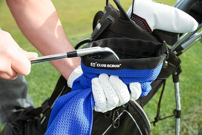 Club Scrub Towel Pro, Golf Club and Ball Cleaning Pouch with Attached Towel, Waterproof Exterior, Clean Face Technology Liner, Machine Washable, Cleans Club Grooves, Waffle-Weave Microfiber (Blue)