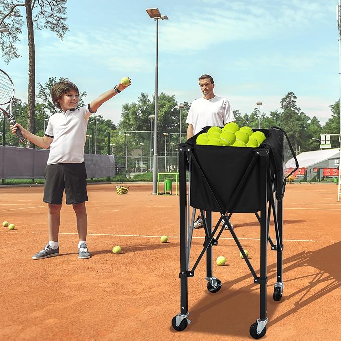Portable Tennis Ball Hopper Holds 180 Balls, Tennis Ball Basket Cart with 4 Wheels & Brakes, Detachable Oxford Fabric Bag for Tennis and Pickleball Training, Black