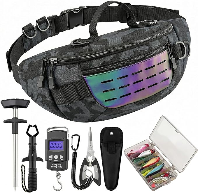 Fishing Tackle Bag & Tools Kit Fishing Accessories,Waterproof Fishing Waist Pack with Fishing Pliers,Fish Hook Remover,Lures,Gear Storage for Men Women Fishing Gifts
