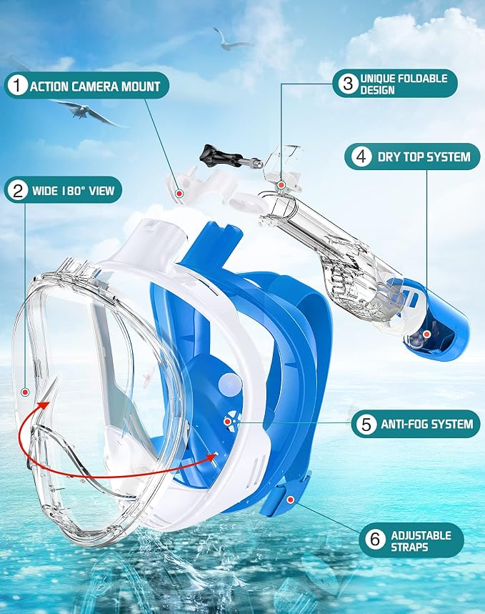 Greatever Full Face Snorkel Mask, Snorkeling Gear for Adults with Latest Dry Top Breathing System and Detachable Camera Mount, Foldable Snorkel Set for Family Snorkeling Trips, Anti-Fog & Anti-Leak