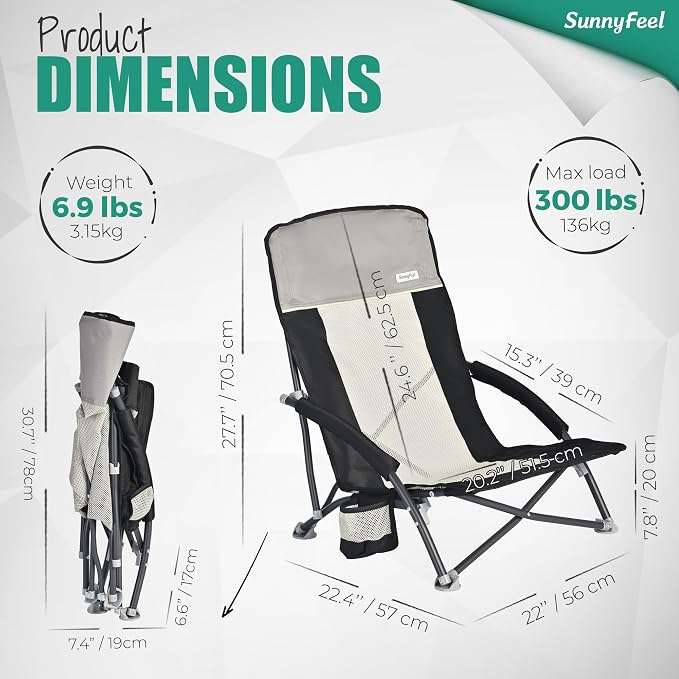 SUNNYFEEL Folding Low Camping Beach Chair 2 Pack, Portable Backpacking Chairs with Cup Holder,Carry Bag Compact & Heavy Duty for Adults 300 LBS for Outdoor Picnic Fishing Sand Lawn