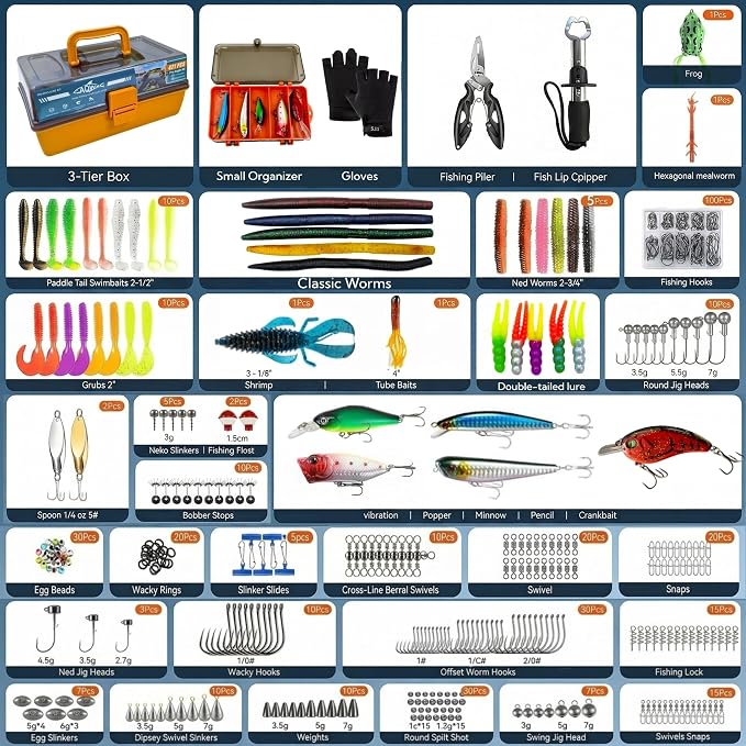 Large 3-Layer Tackle Box with Tackle Included, 421Pcs Fishing Lures Kit - Pliers, Crankbait, Hooks, Weights & Accessories - Freshwater Bass Fishing Bait Lure Gear and Equipment