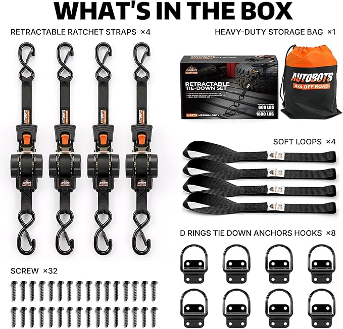 AUTOBOTS Retractable Ratchet Straps (4-Pack) 1” X 10ft (1,800lb Break Strength) - Heavy Duty Auto Self Tie Down Straps with (8) Tie Down Anchor for Cargo Trailer, Truck, Motorcycle, ATV, UTV
