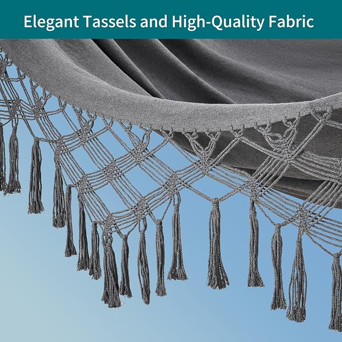 JoyView Boho Macrame Double Hammock with Hanging Ropes & Elegant Tassels 86.6x59 Portable Cotton Hammock for Patio Backyard Porch 450LBS Weight Capacity Perfect for Outdoor/Indoor - Dark Grey