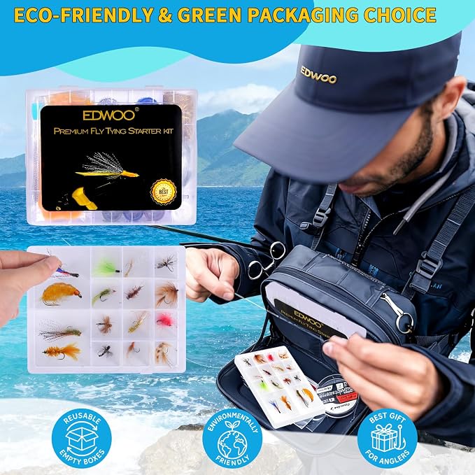 Edwoo Fly Tying Materials kit, 87pcs Starter kit, Fly Tying Tools Bobbin-Holder,Hooks,Crystal Flash,Thread,Chenille,Fishing Lure Accessories,Manual DIY Bait, Best Gifts for Men