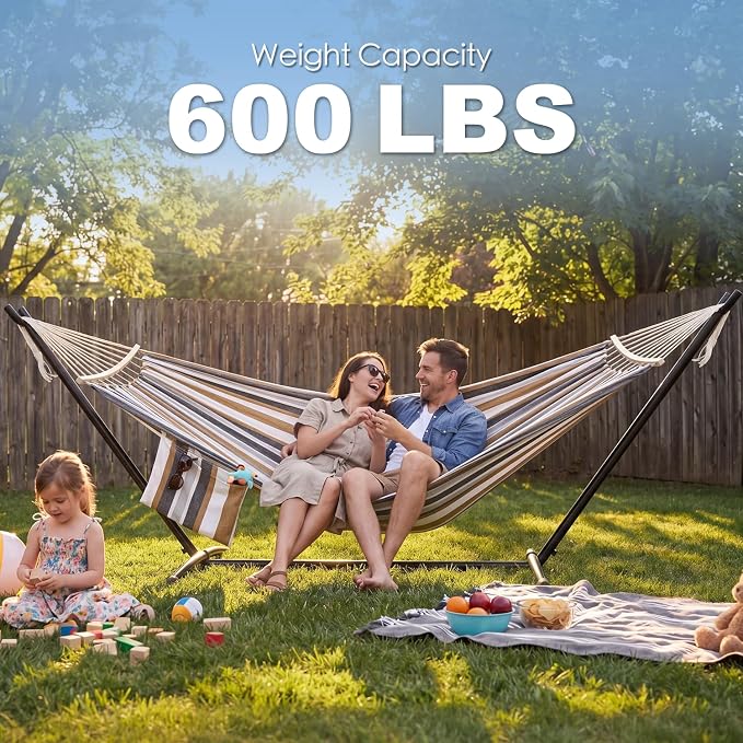 GAFETE Double Hammock with Stand for Outside, Upgraded Spreader Bar, Heavy Duty Space Saving Steel Stand 2 Person, Convenient Pockets, Easy Assembly, 600lbs Weight Capacity, Indoor & Outdoor (Coffee)