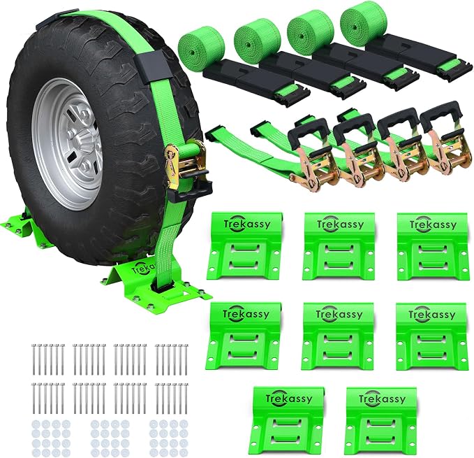 Trekassy Wheel Chock Tie-Down Kit with Rubber Blocks, (4,500lb Break Strength) Heavy Duty E Track Trailer Tire Straps for ATV, UTV, Lawn Mower- 4 Pack