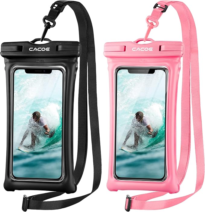 CACOE [Floatable] Floating Universal Waterproof Phone Case 2 Pack-Up to 7.0",Phone Pouch with Adjustable Neck Lanyard,IPX8 Cellphone Dry Bags for Vacation Water Activities（Black+Pink）