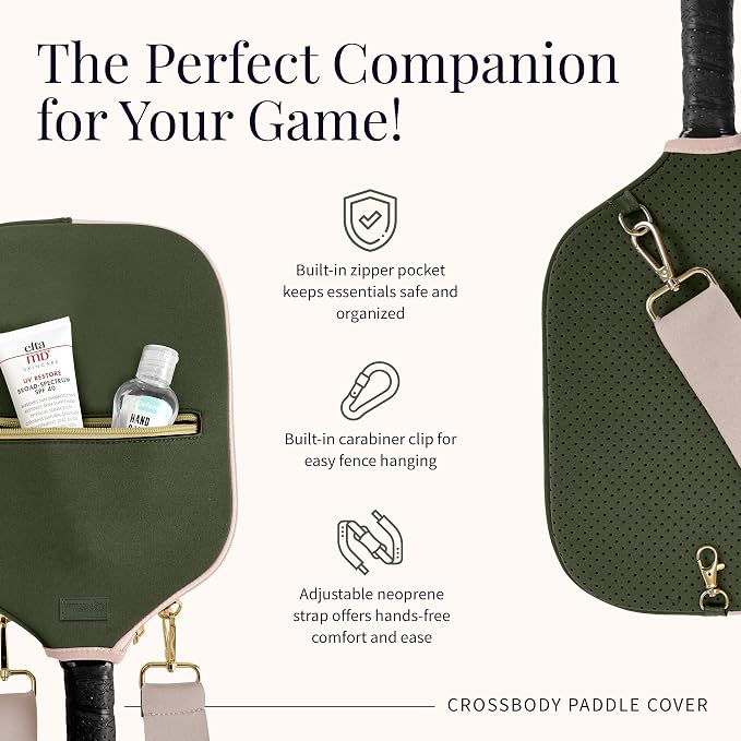 Posh Pickler Crossbody Neoprene Pickleball Bag - Paddle Cover with Adjustable Strap, Built-in Pocket for Essentials, Carabiner Fence Clip, Add-On Ready D-Rings, and Durable Design for Everyday Use