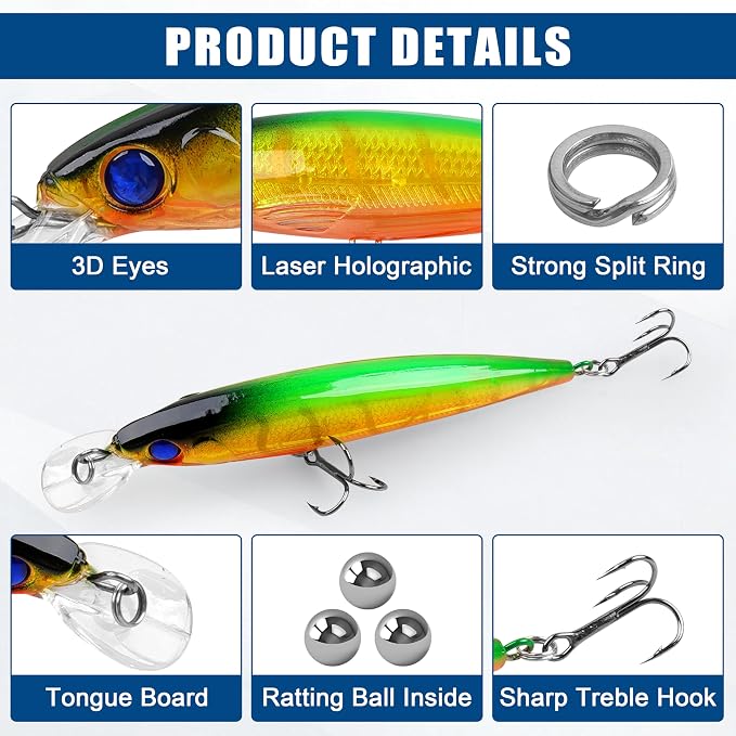 Fishing Lures Kit Crankbait Minnow Hard Bait Set Deep Diving Jerkbait Swimbait Popper Pencil Walleye Lures Artificial Fishing Bait for Bass Trout Redfish Saltwater Freshwater Fishing Lure