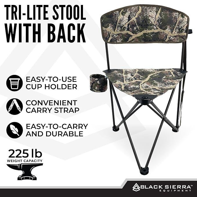 Black Sierra Tri-Lite Folding Stool with Backrest & Cup Holder, Lightweight Portable Hunting Fishing Chair with Carry Strap, Collapsible Outdoor Tripod Seat Supports 225 lbs