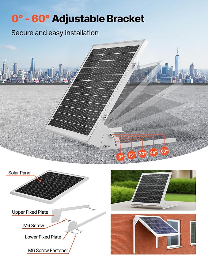 VEVOR 20W 12V Solar Battery Trickle Charger Maintainer, Mono Solar Panel Battery Charger with Built-in MPPT Controller & Adjustable Mount Bracket, IP65 Waterproof for Car Boat RV Trailer House Roof