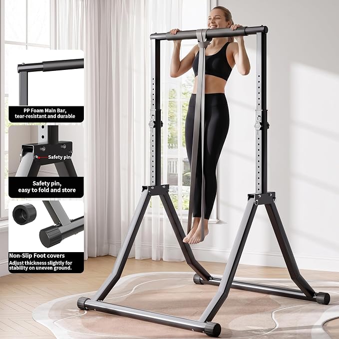 Foldable Power Tower Dip Station for Pull Ups, 66.1"-84.6" 12 Level 700 LBS, Adjustable Dip Handles & Assistance Bands Foldable Home Gym Equipment