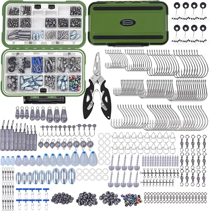 412Pcs Fishing Tackle Kit with Box,Fishing Gift for Men(Green) | Complete Fishing Accessories Kit-Hooks,Eye Beads,Sinkers&Swivels,Beads&Bobber Stops,Pliers for Freshwater Bass&Trout