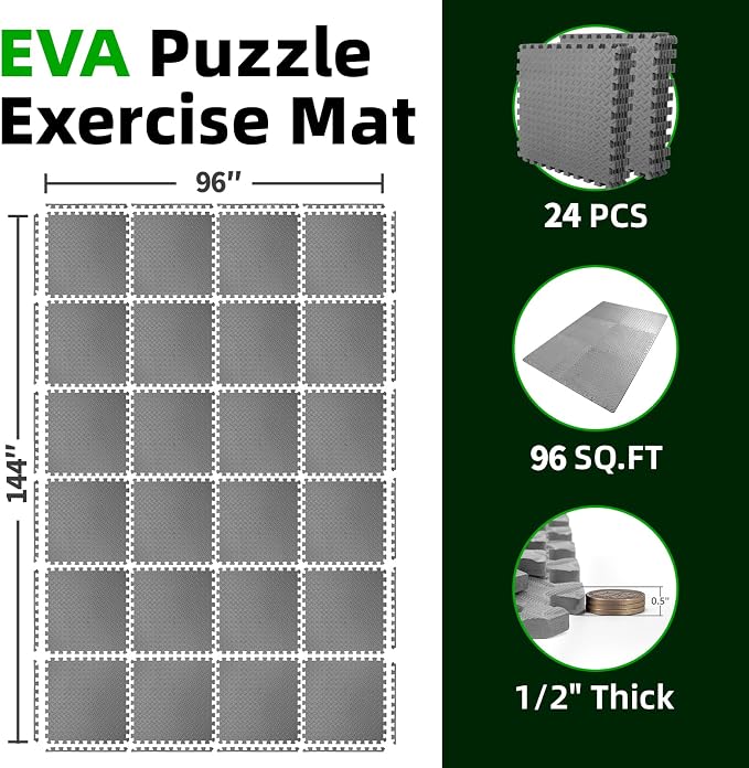 Art3d 24 Pack 24" x 24" EVA Interlocking Exercise Mats, 1/2" Thick Foam Puzzle Flooring for Workout, Gym Equipments, Training Areas, 96 Sq.FT, Grey