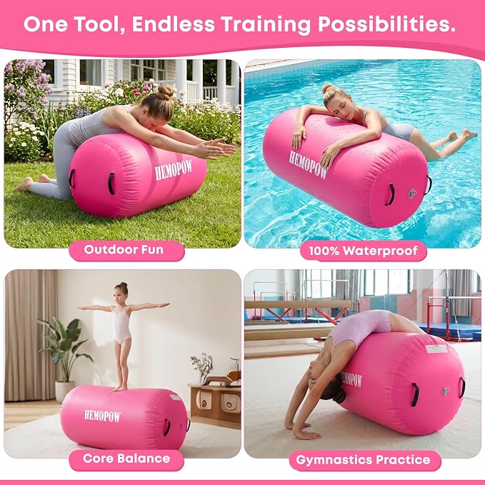 Inflatable Gymnastics Air Barrel Roller with Electric Pump, Heavy Duty PVC Tumbling Barrel Back Handspring Trainer, Air Tumble Track Mat for Home Gym, Cheerleading, Yoga Practice
