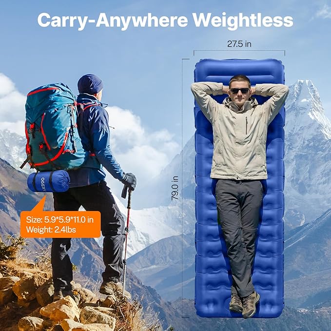 OGERY Sleeping Pad, Ultralight Inflatable Sleeping Pad for Camping with Pillow Built-in Foot Pump, 6" Extra-Thick Reinforced Camping Mattress for Hiking, Backpacking, Tent