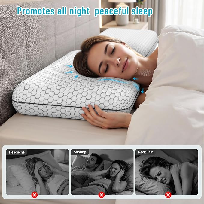 CushyOasis Memory Foam Pillows for Side, Back and Stomach Sleepers, Set of 2, Bed Pillow with Washable Cover and Breathable Mesh, Bed Pillow for Sleeping (Light Grey，Queen Size)