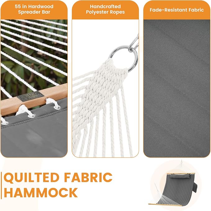 Lazy Daze Hammocks 10.5FT 2 Person Double Quilted Fabric Hammock with Spreader Bar, Detachable Pillow, Side Pocket, Carabiners, Chains, Straps for Outdoor, 450lbs Capacity, Grey