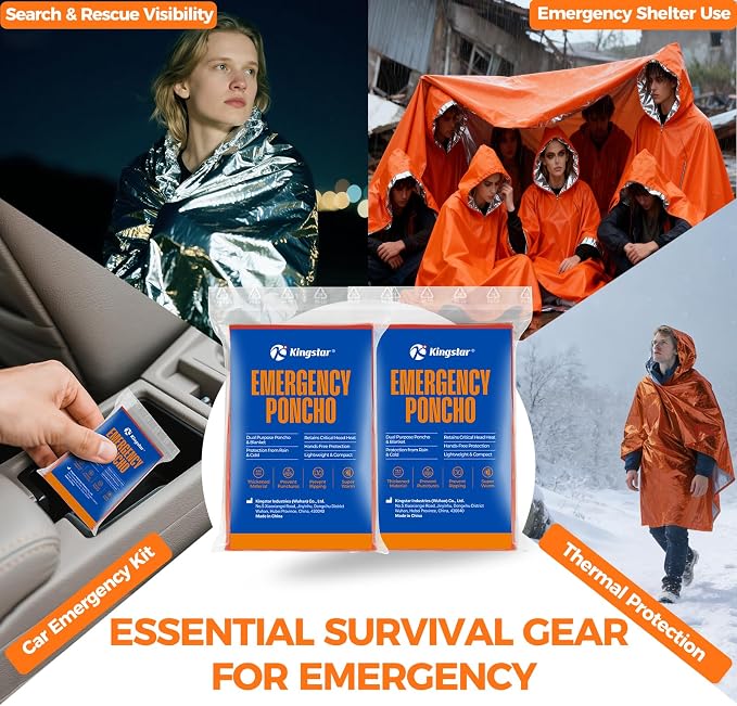 K Kingstar 2 Pack Emergency Mylar Poncho, Waterproof Rain Ponchos, Reusable Packable Ponchos, Survival Blanket Poncho for Outdoor Camping & Hiking, Rescue, Car Emergency Kit, Shelter/Tent Cover