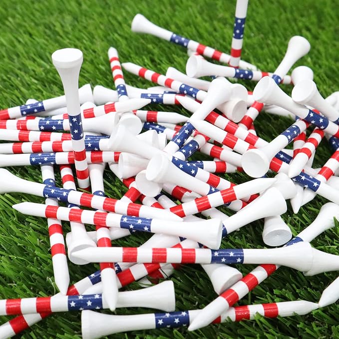 Stylish USA Flag Golf Tees Wood 1 1/2" 2 1/8" 2 3/4" 3 1/4" Value 500/1000 Pack, Durable Long Short Tees with Stripes for Consistent Height